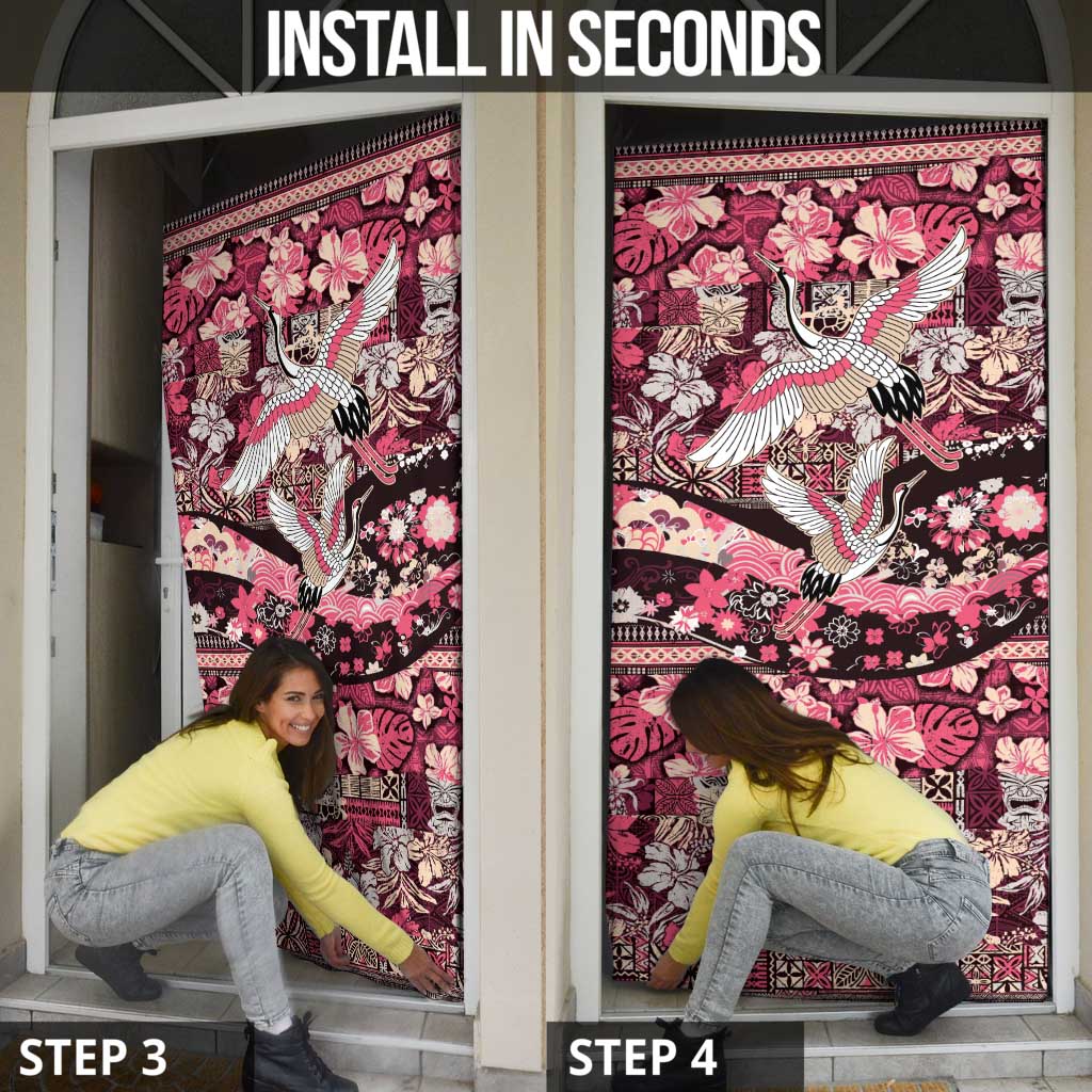 Japanese Hawaiian Crane Door Cover Soft Pink Tapa Patchwork Pattern
