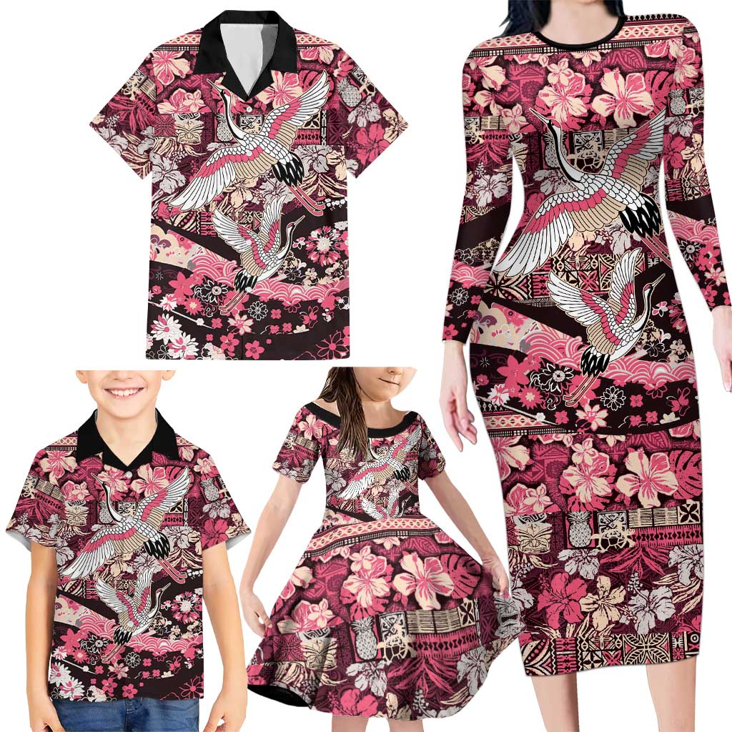 Japanese Hawaiian Crane Family Matching Long Sleeve Bodycon Dress and Hawaiian Shirt Soft Pink Tapa Patchwork Pattern