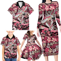 Japanese Hawaiian Crane Family Matching Long Sleeve Bodycon Dress and Hawaiian Shirt Soft Pink Tapa Patchwork Pattern