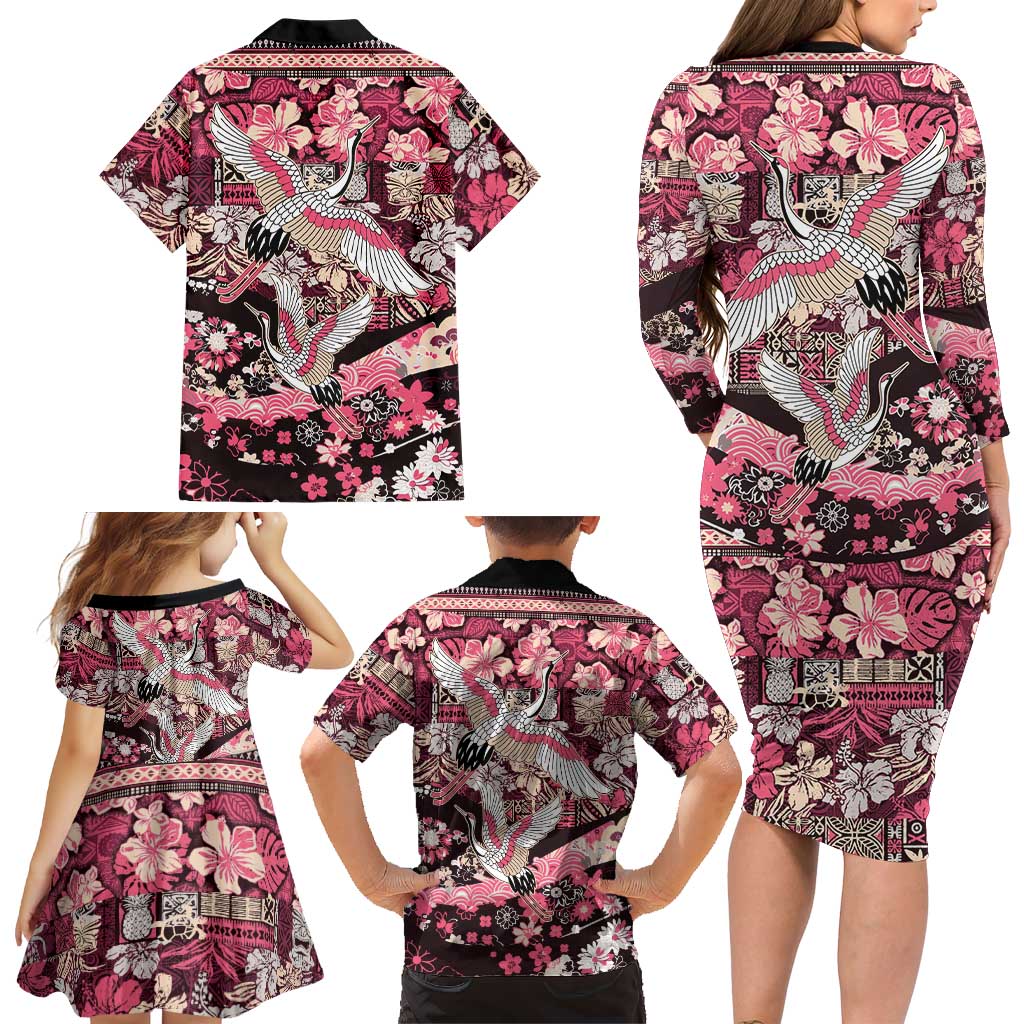 Japanese Hawaiian Crane Family Matching Long Sleeve Bodycon Dress and Hawaiian Shirt Soft Pink Tapa Patchwork Pattern