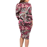 Japanese Hawaiian Crane Family Matching Long Sleeve Bodycon Dress and Hawaiian Shirt Soft Pink Tapa Patchwork Pattern
