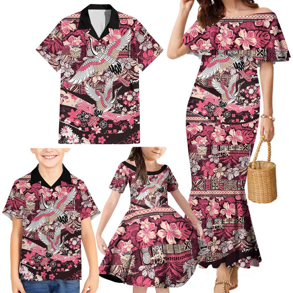 Japanese Hawaiian Crane Family Matching Mermaid Dress and Hawaiian Shirt Soft Pink Tapa Patchwork Pattern