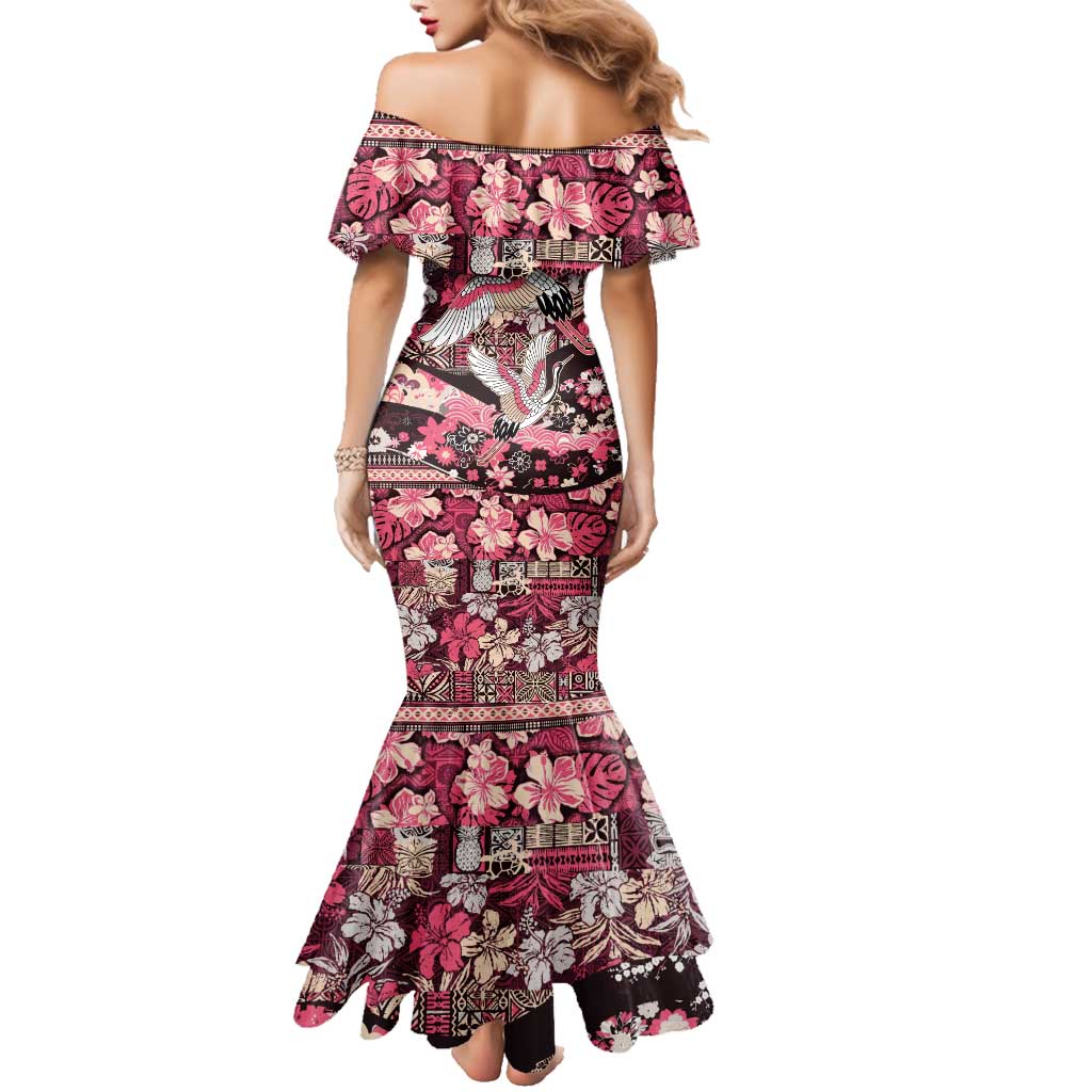 Japanese Hawaiian Crane Family Matching Mermaid Dress and Hawaiian Shirt Soft Pink Tapa Patchwork Pattern