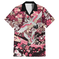Japanese Hawaiian Crane Family Matching Off The Shoulder Long Sleeve Dress and Hawaiian Shirt Soft Pink Tapa Patchwork Pattern