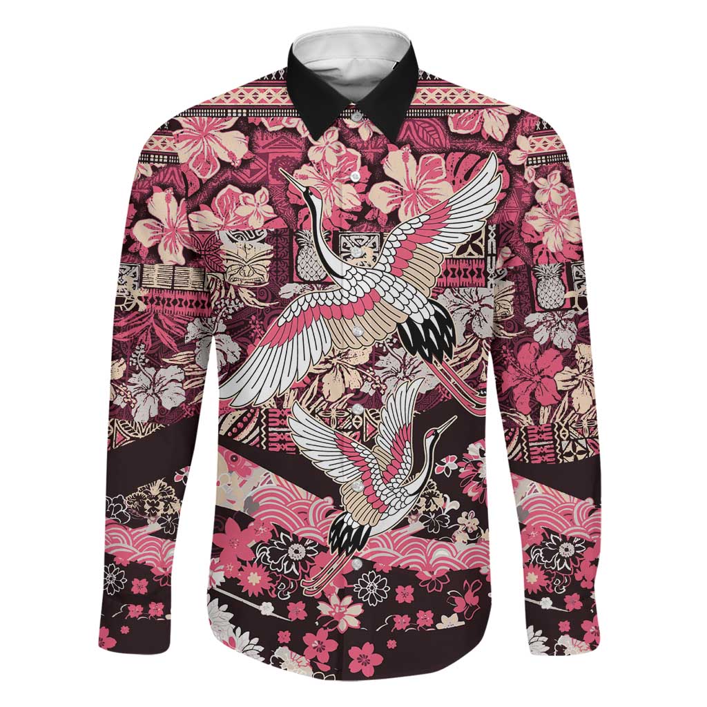 Japanese Hawaiian Crane Family Matching Off The Shoulder Long Sleeve Dress and Hawaiian Shirt Soft Pink Tapa Patchwork Pattern