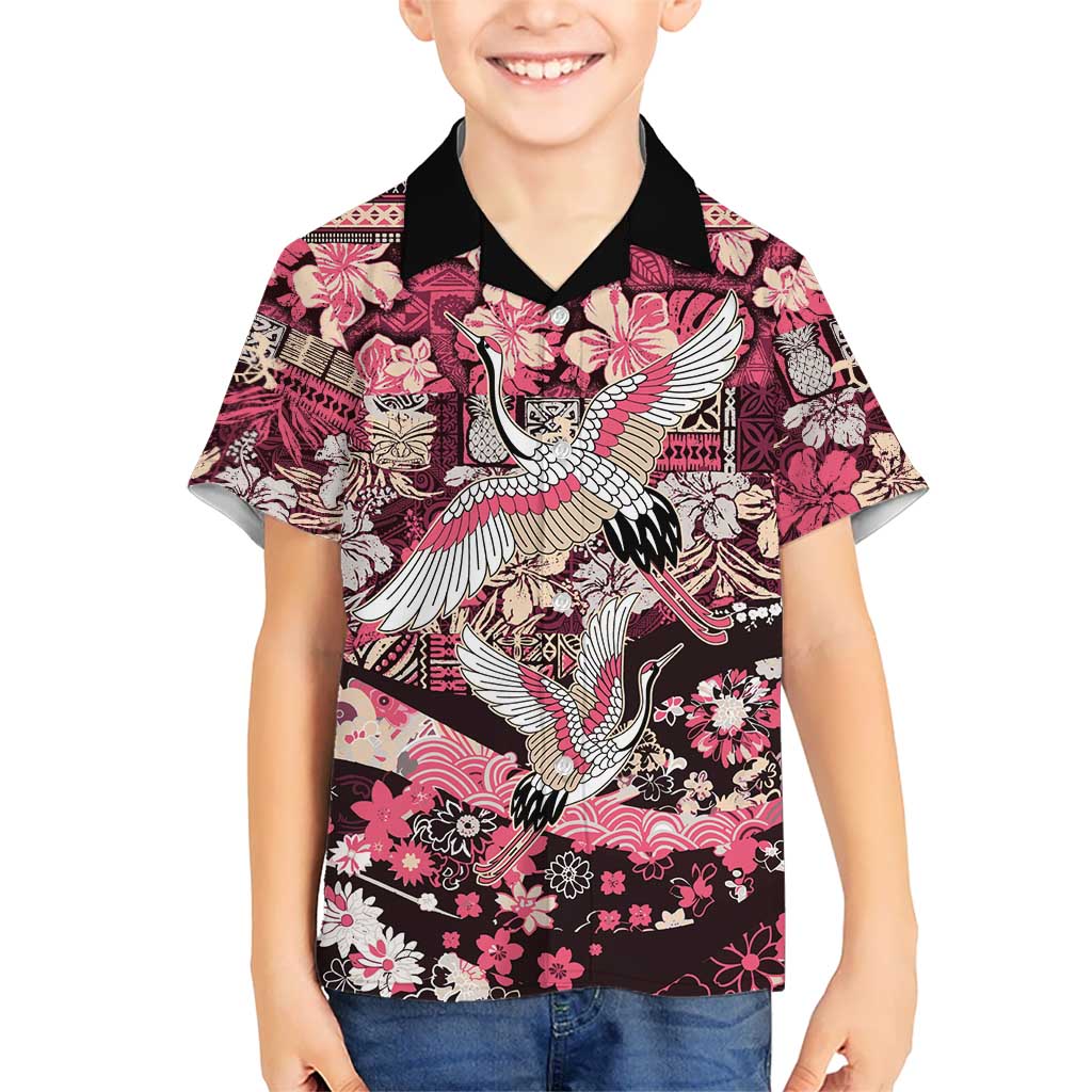 Japanese Hawaiian Crane Family Matching Off The Shoulder Long Sleeve Dress and Hawaiian Shirt Soft Pink Tapa Patchwork Pattern
