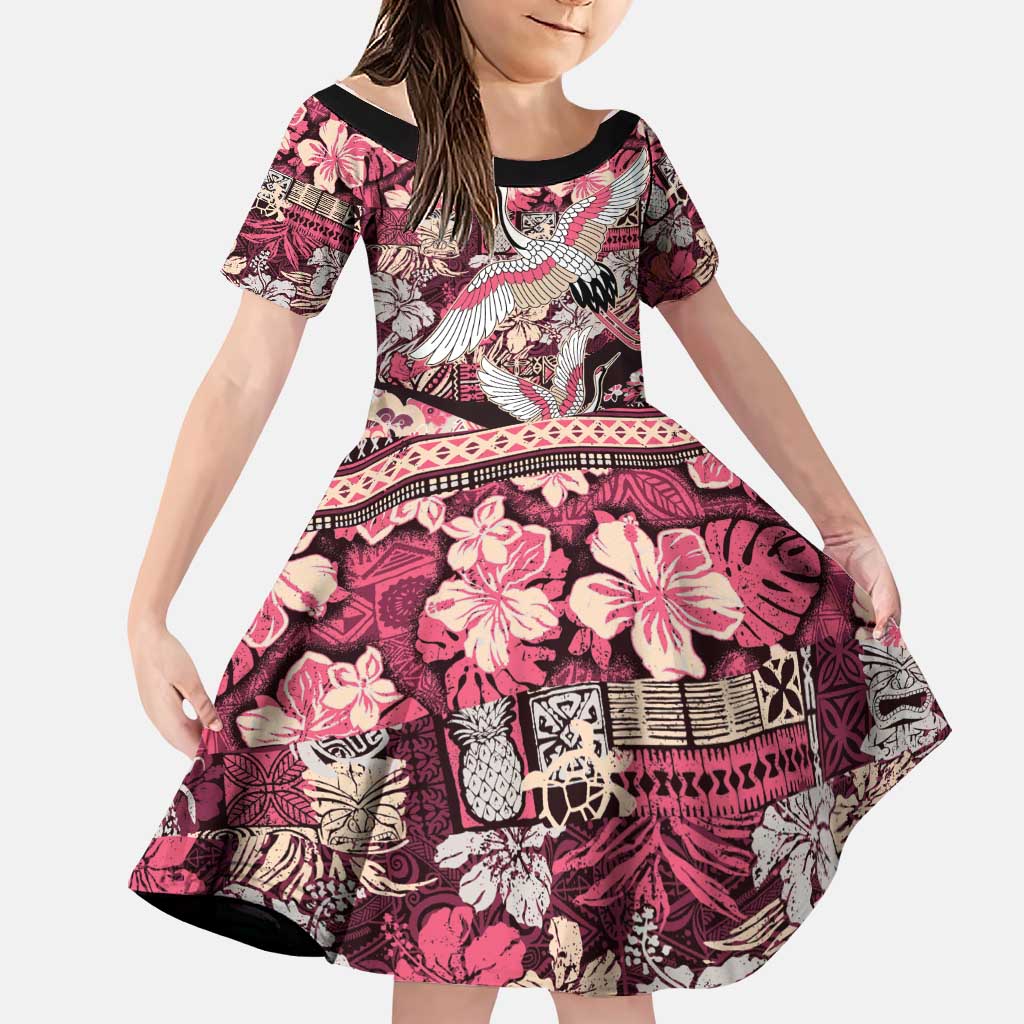 Japanese Hawaiian Crane Family Matching Off Shoulder Maxi Dress and Hawaiian Shirt Soft Pink Tapa Patchwork Pattern
