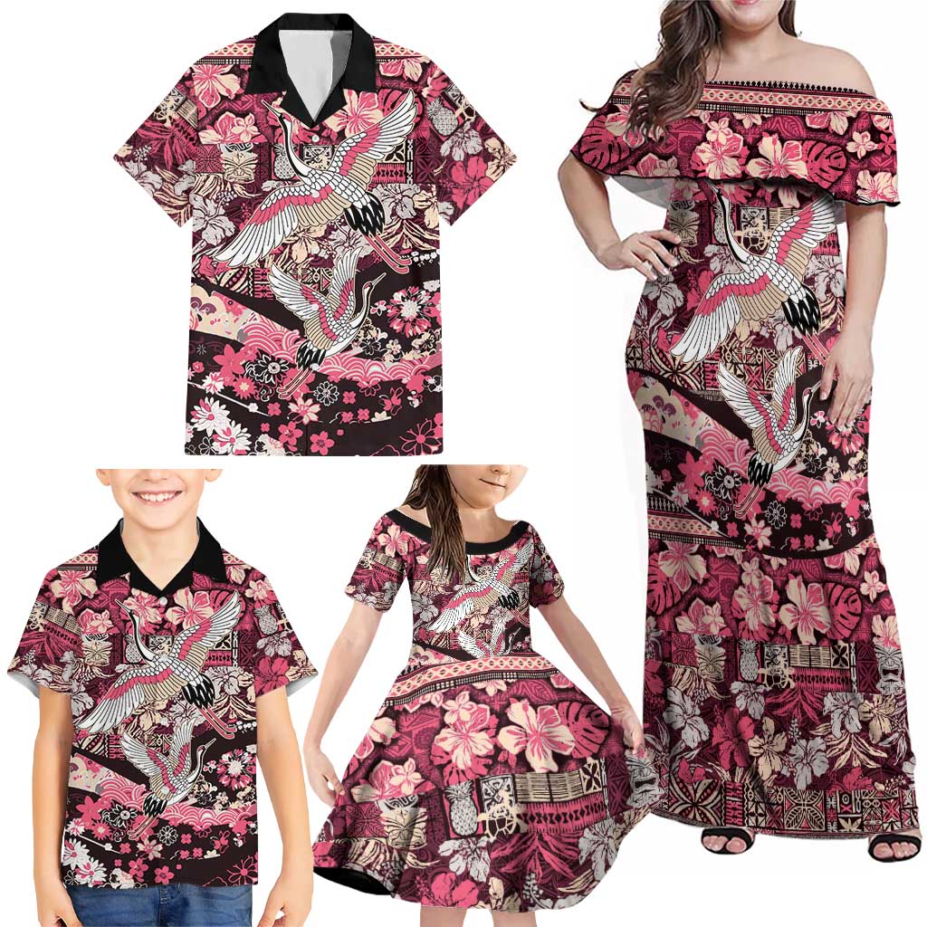 Japanese Hawaiian Crane Family Matching Off Shoulder Maxi Dress and Hawaiian Shirt Soft Pink Tapa Patchwork Pattern