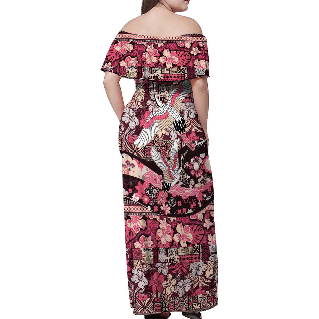 Japanese Hawaiian Crane Family Matching Off Shoulder Maxi Dress and Hawaiian Shirt Soft Pink Tapa Patchwork Pattern