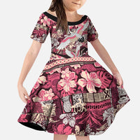 Japanese Hawaiian Crane Family Matching Puletasi and Hawaiian Shirt Soft Pink Tapa Patchwork Pattern
