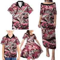 Japanese Hawaiian Crane Family Matching Puletasi and Hawaiian Shirt Soft Pink Tapa Patchwork Pattern