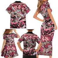 Japanese Hawaiian Crane Family Matching Short Sleeve Bodycon Dress and Hawaiian Shirt Soft Pink Tapa Patchwork Pattern