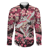 Japanese Hawaiian Crane Family Matching Short Sleeve Bodycon Dress and Hawaiian Shirt Soft Pink Tapa Patchwork Pattern