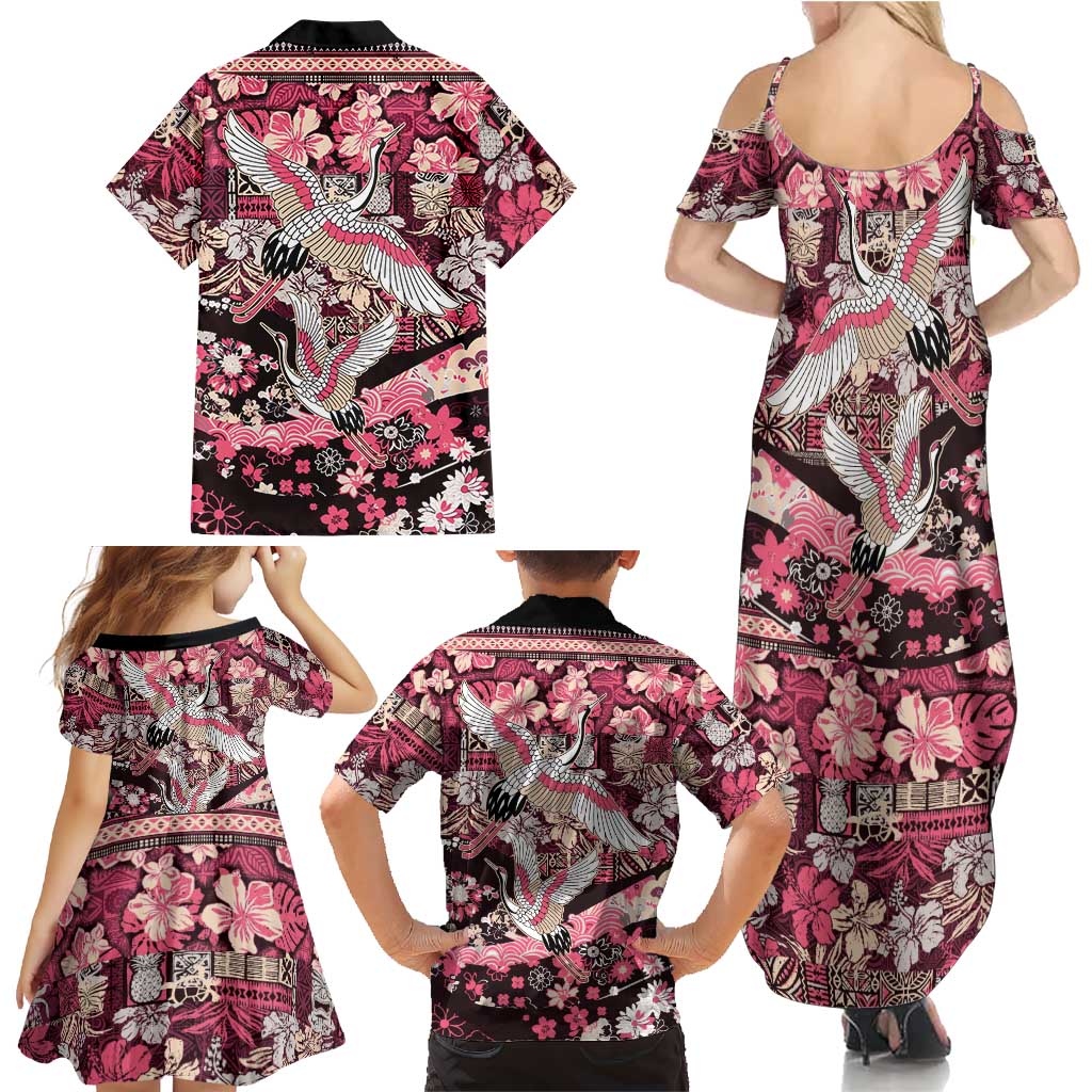 Japanese Hawaiian Crane Family Matching Summer Maxi Dress and Hawaiian Shirt Soft Pink Tapa Patchwork Pattern