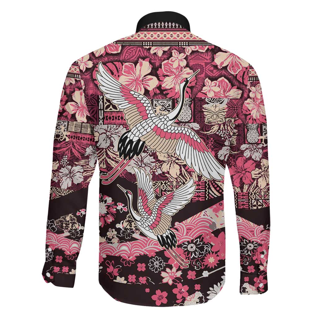 Japanese Hawaiian Crane Family Matching Summer Maxi Dress and Hawaiian Shirt Soft Pink Tapa Patchwork Pattern
