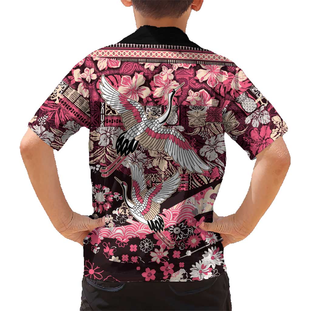 Japanese Hawaiian Crane Family Matching Tank Maxi Dress and Hawaiian Shirt Soft Pink Tapa Patchwork Pattern