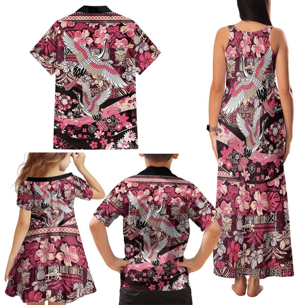 Japanese Hawaiian Crane Family Matching Tank Maxi Dress and Hawaiian Shirt Soft Pink Tapa Patchwork Pattern