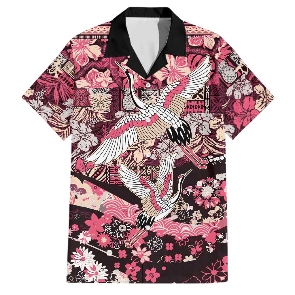 Japanese Hawaiian Crane Family Matching Tank Maxi Dress and Hawaiian Shirt Soft Pink Tapa Patchwork Pattern
