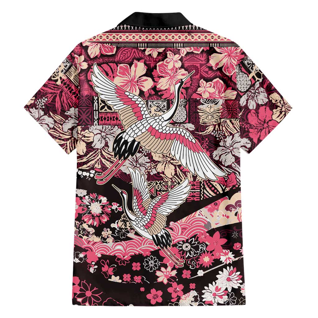 Japanese Hawaiian Crane Family Matching Tank Maxi Dress and Hawaiian Shirt Soft Pink Tapa Patchwork Pattern