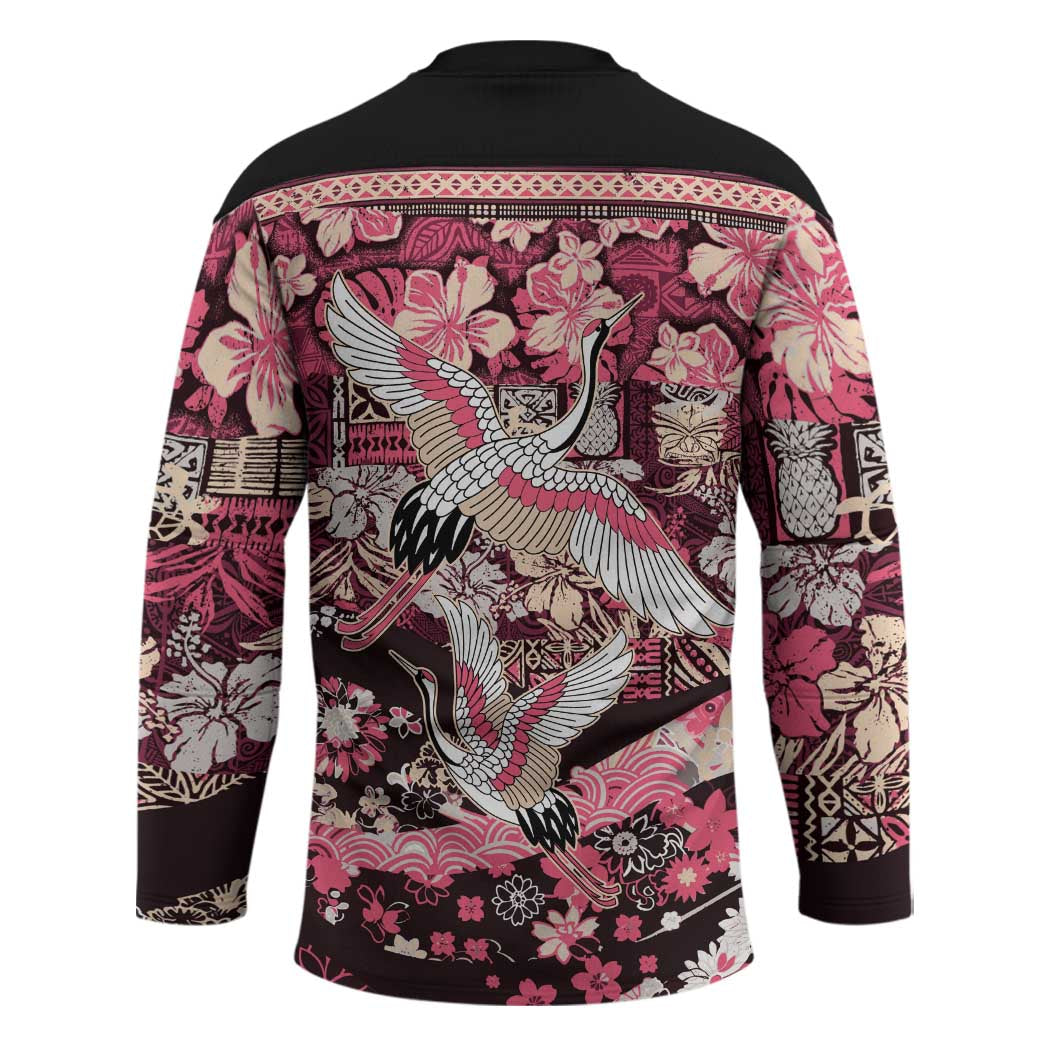Japanese Hawaiian Crane Hockey Jersey Soft Pink Tapa Patchwork Pattern