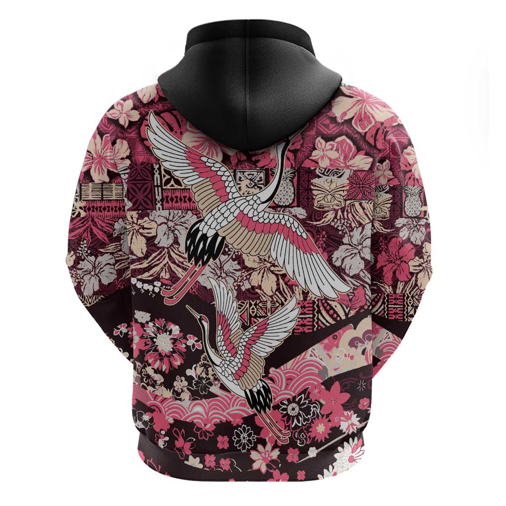 Japanese Hawaiian Crane Hoodie Soft Pink Tapa Patchwork Pattern