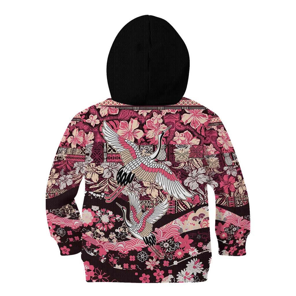 Japanese Hawaiian Crane Kid Hoodie Soft Pink Tapa Patchwork Pattern