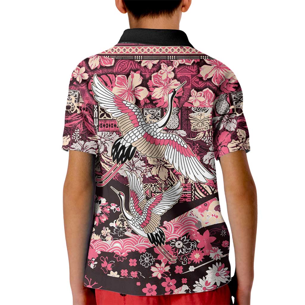 Japanese Hawaiian Crane Kid Polo Shirt Soft Pink Tapa Patchwork Pattern