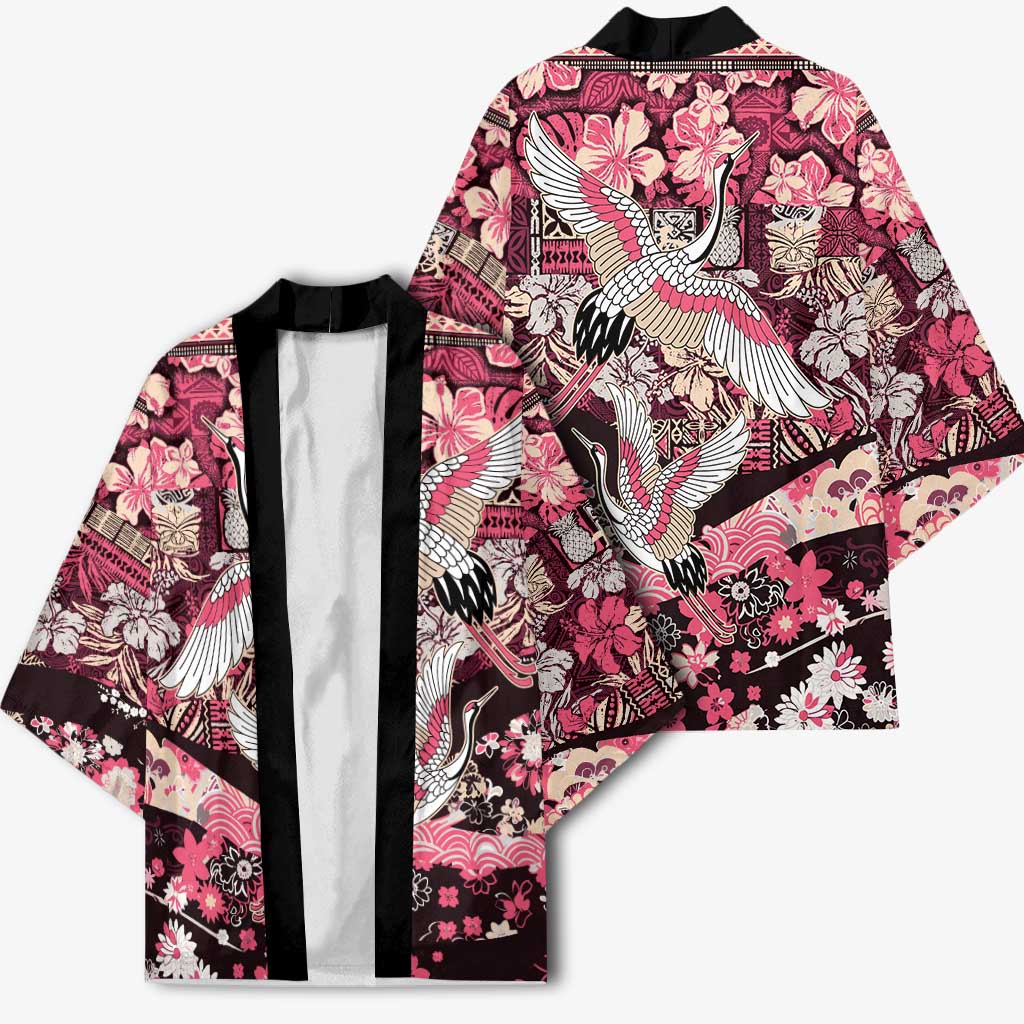Japanese Hawaiian Crane Kimono Soft Pink Tapa Patchwork Pattern