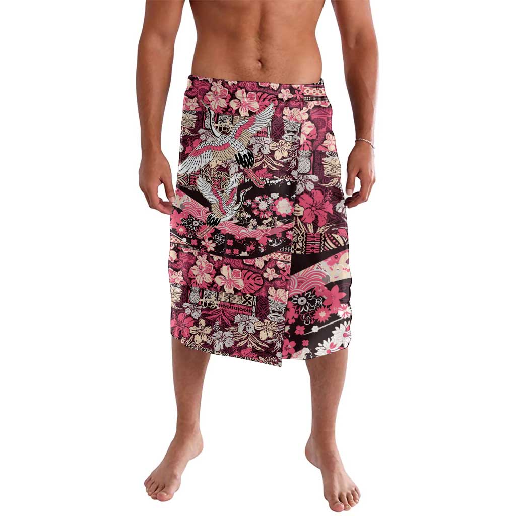 Japanese Hawaiian Crane Lavalava Soft Pink Tapa Patchwork Pattern