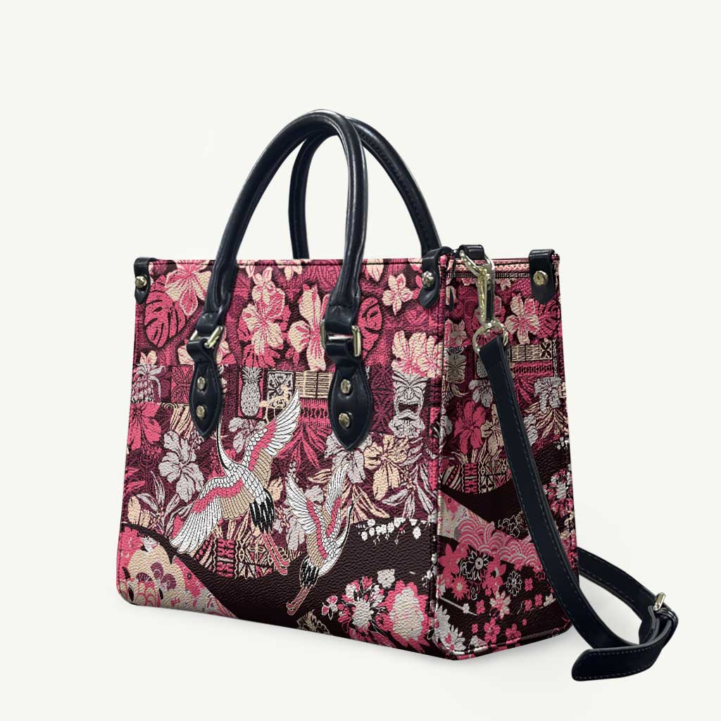 Japanese Hawaiian Crane Leather Bag Soft Pink Tapa Patchwork Pattern