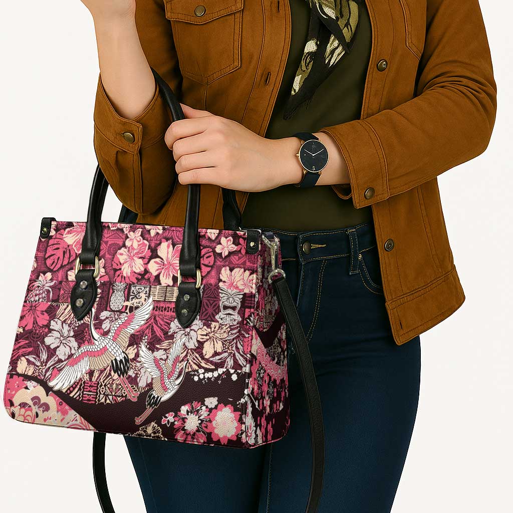 Japanese Hawaiian Crane Leather Bag Soft Pink Tapa Patchwork Pattern