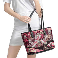 Japanese Hawaiian Crane Leather Tote Bag Soft Pink Tapa Patchwork Pattern