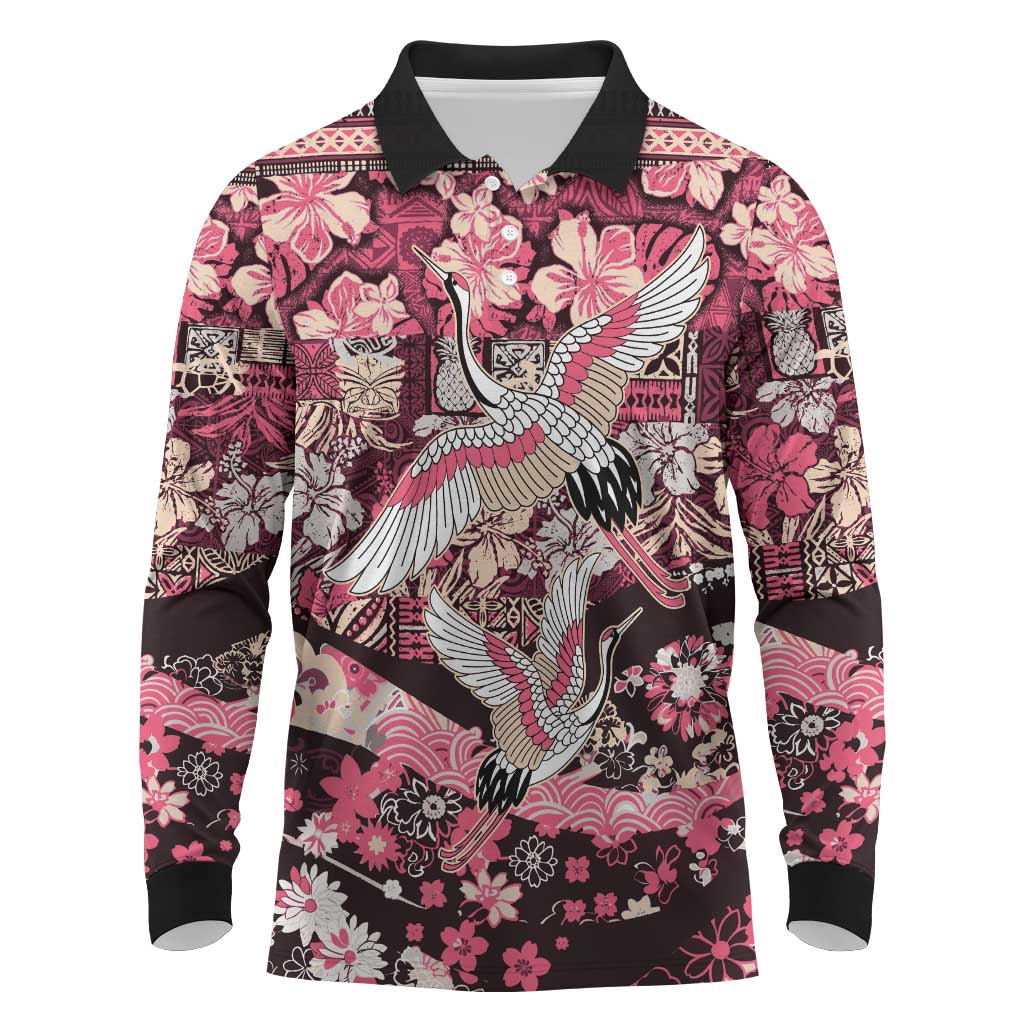 Japanese Hawaiian Crane Long Sleeve Polo Shirt Soft Pink Tapa Patchwork Pattern