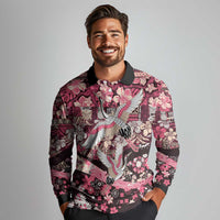 Japanese Hawaiian Crane Long Sleeve Polo Shirt Soft Pink Tapa Patchwork Pattern