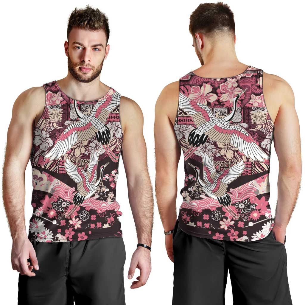 Japanese Hawaiian Crane Men Tank Top Soft Pink Tapa Patchwork Pattern