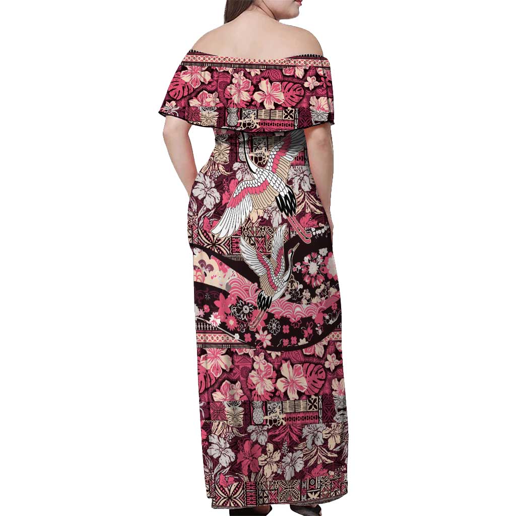 Japanese Hawaiian Crane Off Shoulder Maxi Dress Soft Pink Tapa Patchwork Pattern