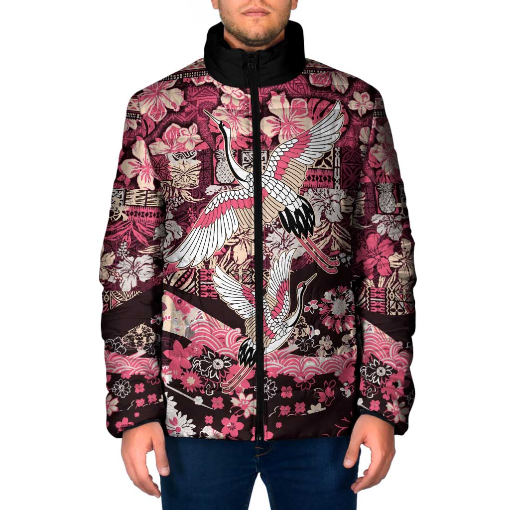Japanese Hawaiian Crane Padded Jacket Soft Pink Tapa Patchwork Pattern