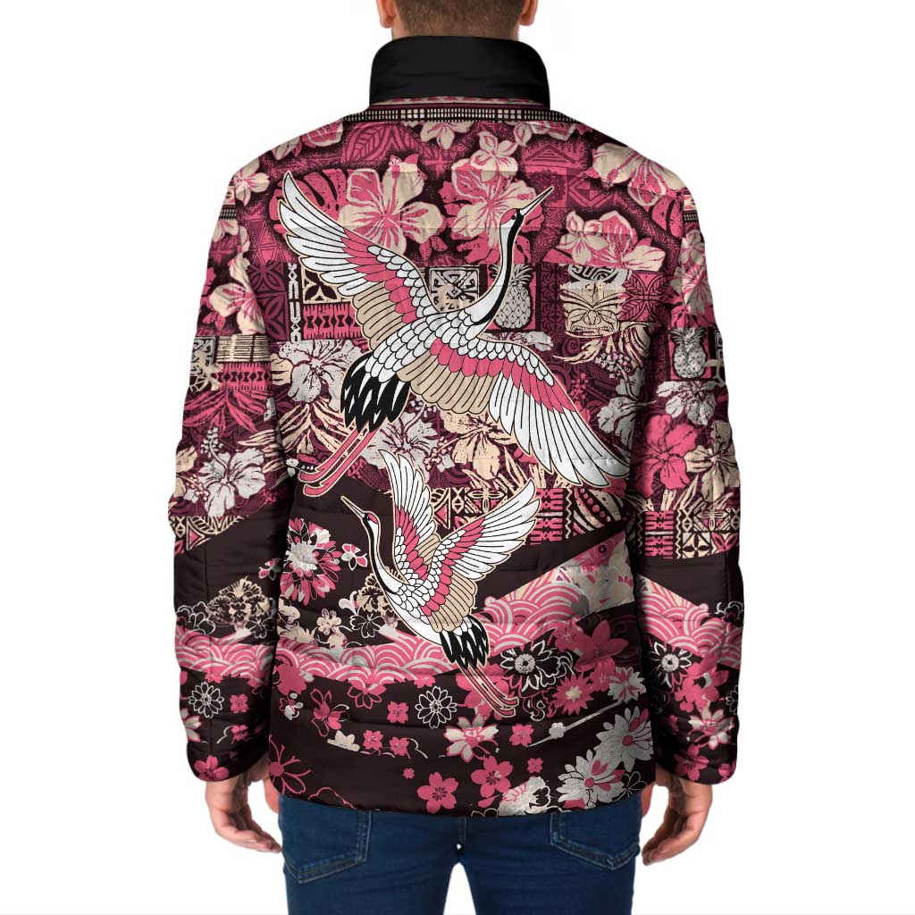 Japanese Hawaiian Crane Padded Jacket Soft Pink Tapa Patchwork Pattern