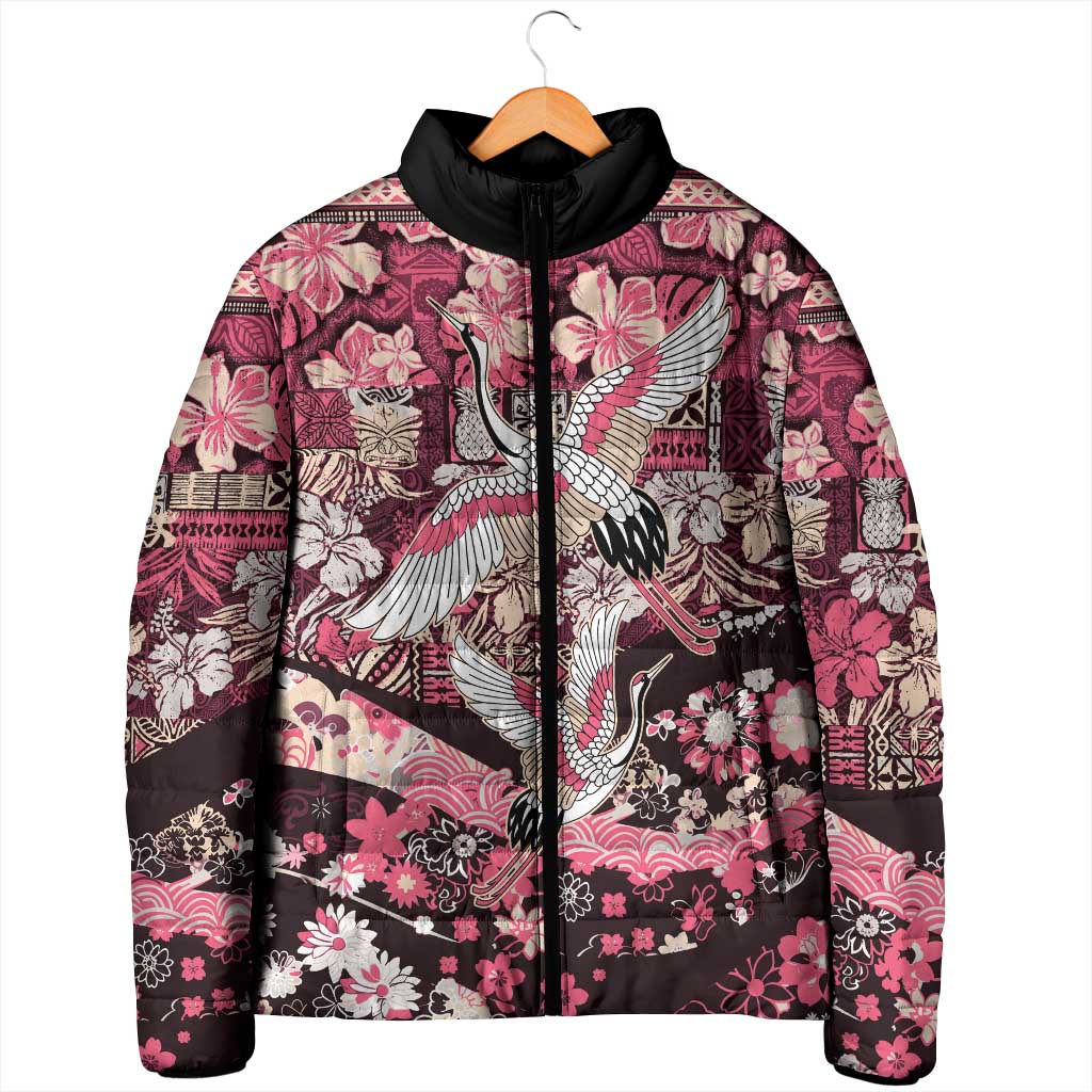 Japanese Hawaiian Crane Padded Jacket Soft Pink Tapa Patchwork Pattern