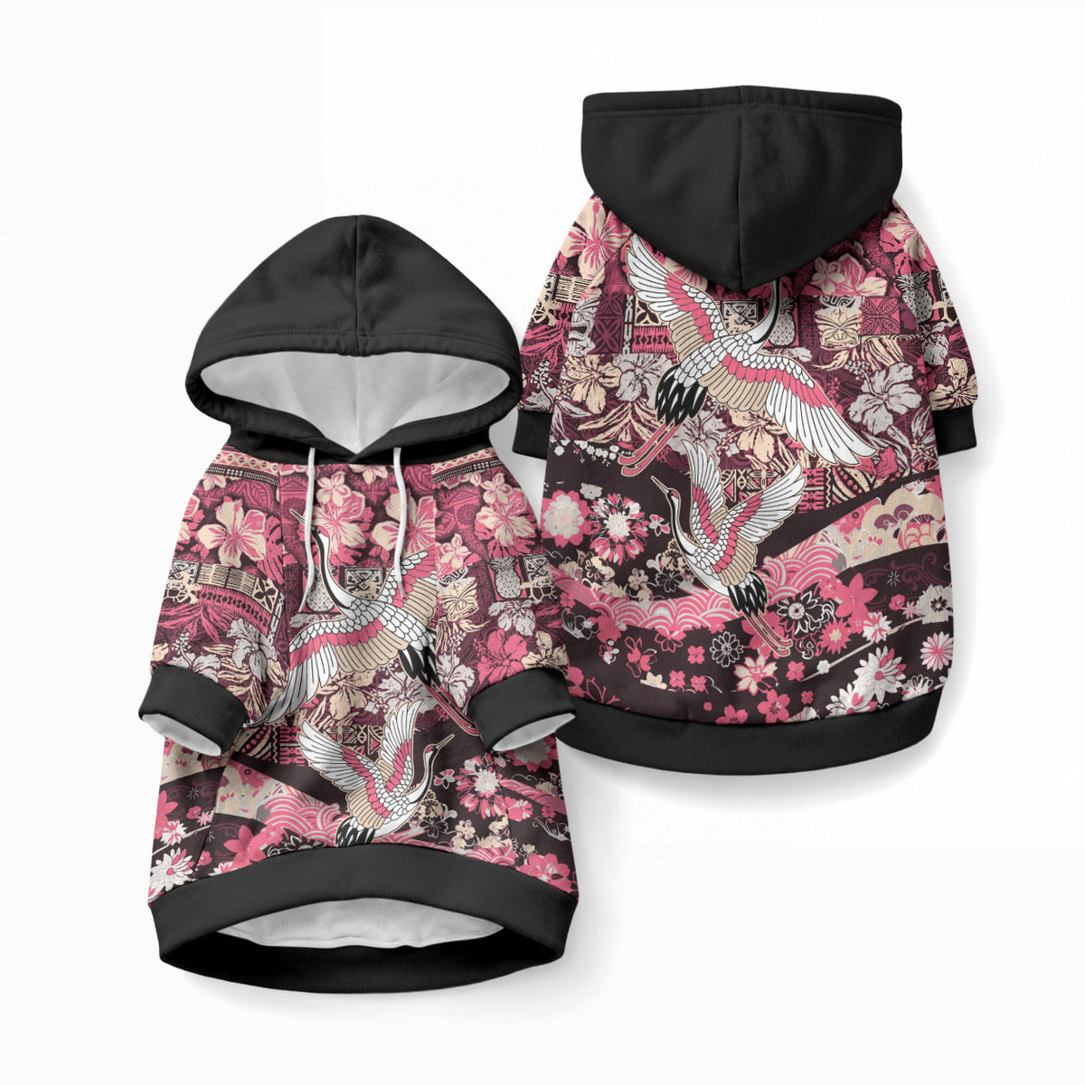 Japanese Hawaiian Crane Pet Hoodie Soft Pink Tapa Patchwork Pattern LT9 Pullover Blue - Polynesian Pride
