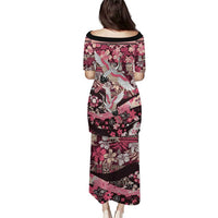 Japanese Hawaiian Crane Puletasi Soft Pink Tapa Patchwork Pattern