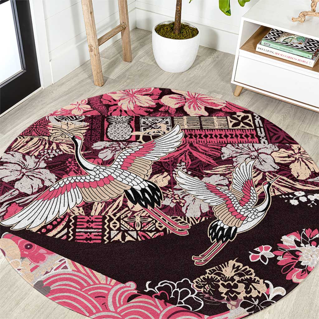 Japanese Hawaiian Crane Round Carpet Soft Pink Tapa Patchwork Pattern