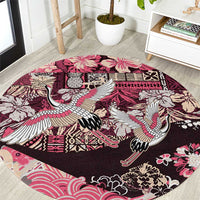 Japanese Hawaiian Crane Round Carpet Soft Pink Tapa Patchwork Pattern