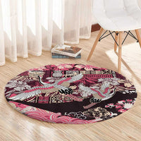 Japanese Hawaiian Crane Round Carpet Soft Pink Tapa Patchwork Pattern
