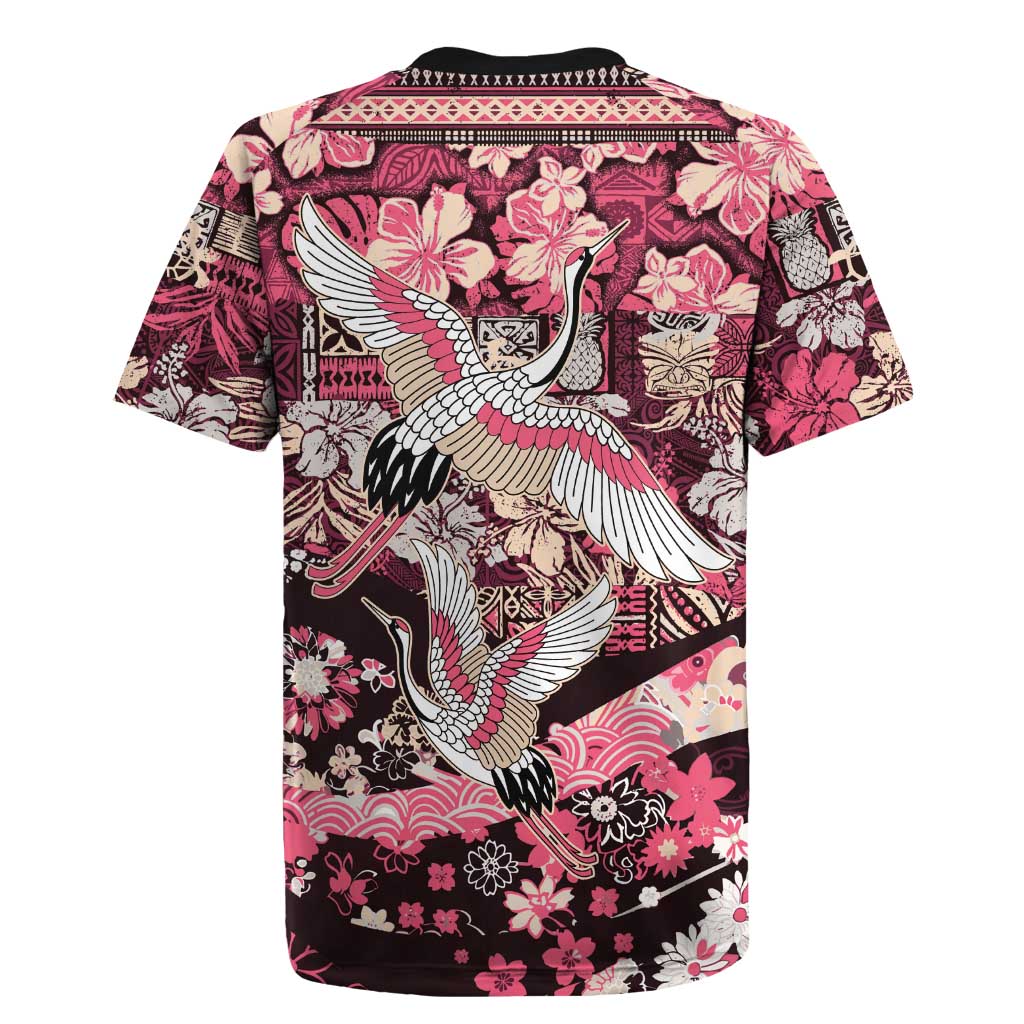 Japanese Hawaiian Crane Rugby Jersey Soft Pink Tapa Patchwork Pattern