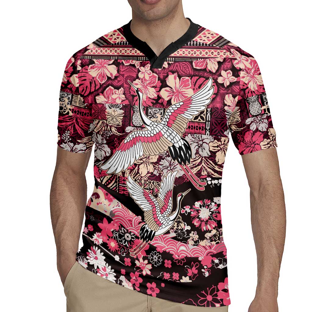 Japanese Hawaiian Crane Rugby Jersey Soft Pink Tapa Patchwork Pattern