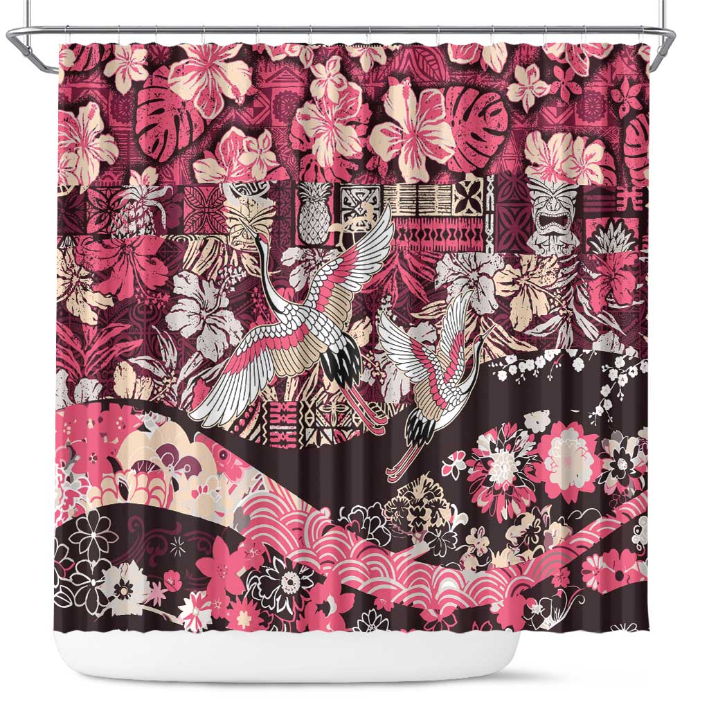 Japanese Hawaiian Crane Shower Curtain Soft Pink Tapa Patchwork Pattern