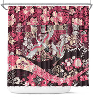 Japanese Hawaiian Crane Shower Curtain Soft Pink Tapa Patchwork Pattern