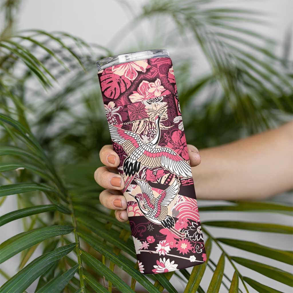 Japanese Hawaiian Crane Skinny Tumbler Soft Pink Tapa Patchwork Pattern