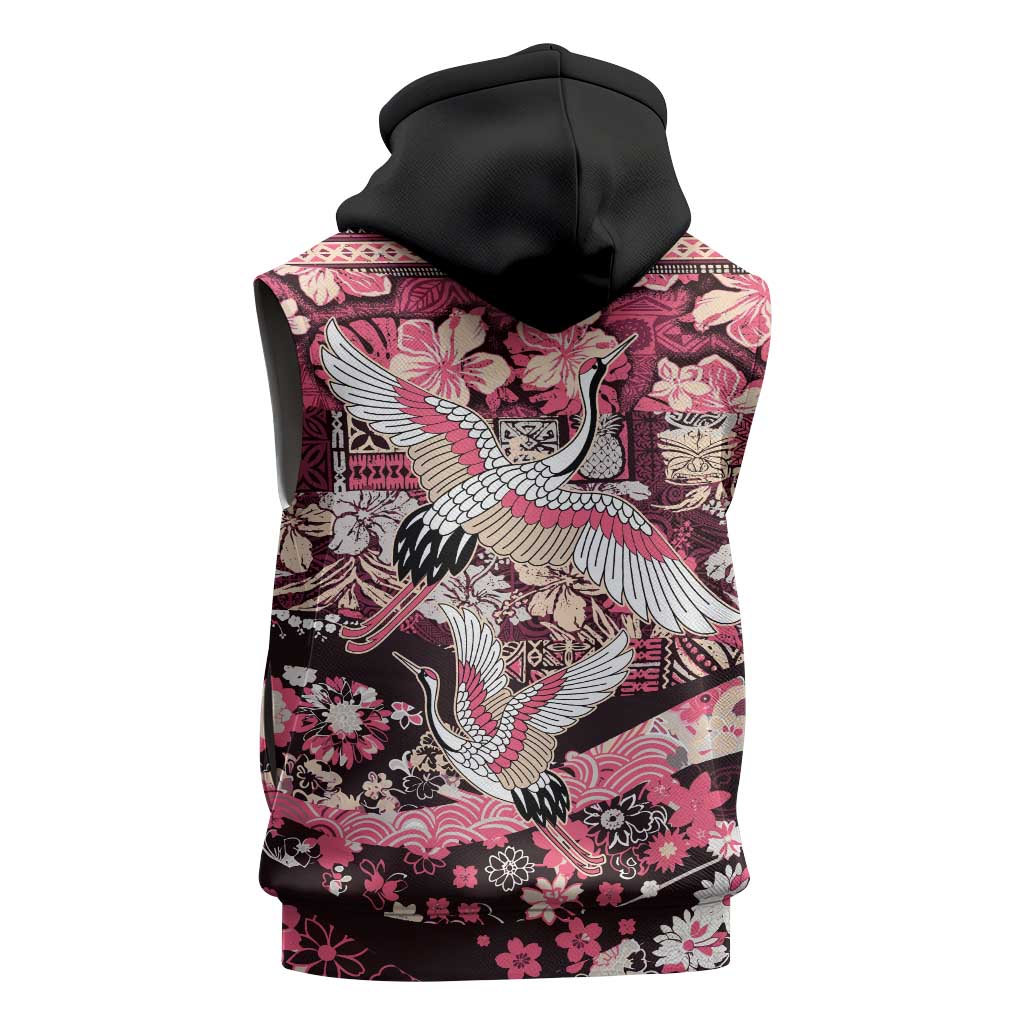Japanese Hawaiian Crane Sleeveless Hoodie Soft Pink Tapa Patchwork Pattern